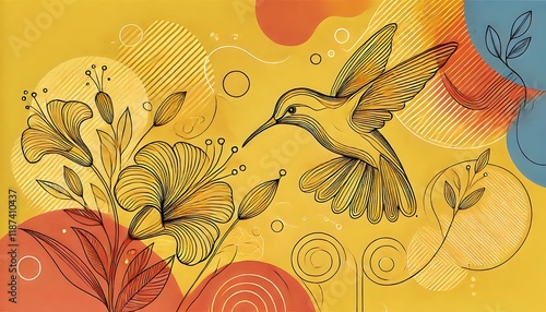 Abstract line art of hummingbird near a flower, set on vibrant yellow abstract background with organic shapes.