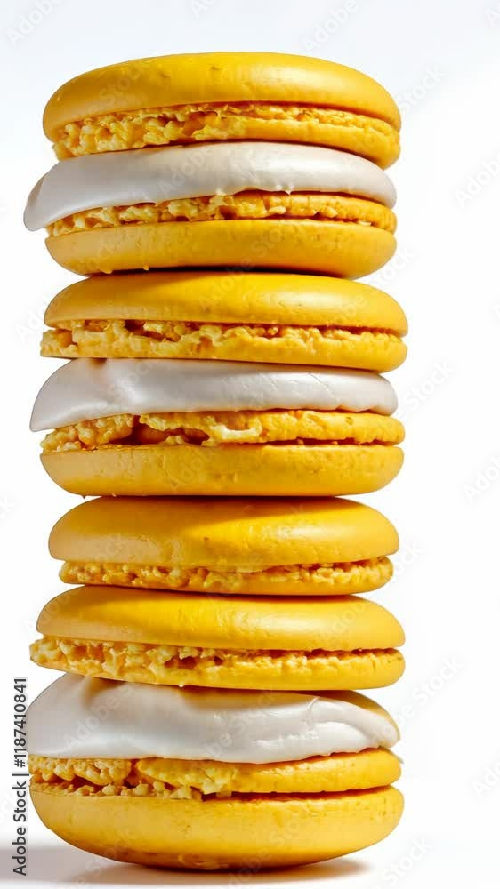 Delicious yellow macarons stacked in a tall, elegant tower against a bright background Delicious yellow macarons stacked in a tall, elegant tower against a bright background