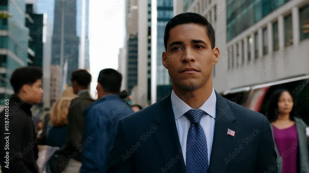 Young politician wearing suit and tie with american flag pin standing still in crowded New York City street Young politician wearing suit and tie with american flag pin standing still in crowded New York City street