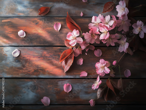 Zarte Kirschblüten auf rustikalem Holz, umgeben von sanften Lichtstrahlen

 photo