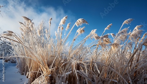 frozen reed in opposition to blue sky