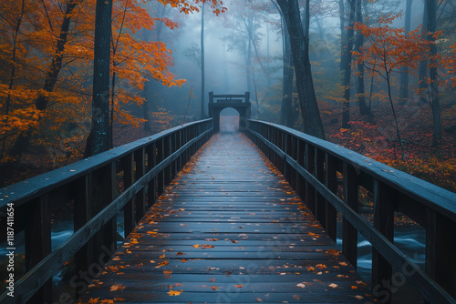 Rustic wooden bridge surrounded by autumn foliage over a rushing stream
