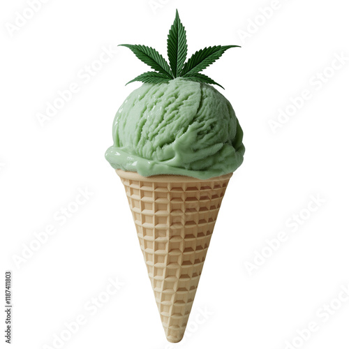 Green Cannabis Ice Cream Cone with Hemp Leaf on Top, Isolated on Transparent Background. Cutout. PNG. photo