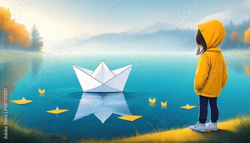 Charming YellowHooded Girl Amidst Tranquil Lake Scenery A Digital Illustration Showcasing Pastel Hues and Enchanting Nature Elements photo