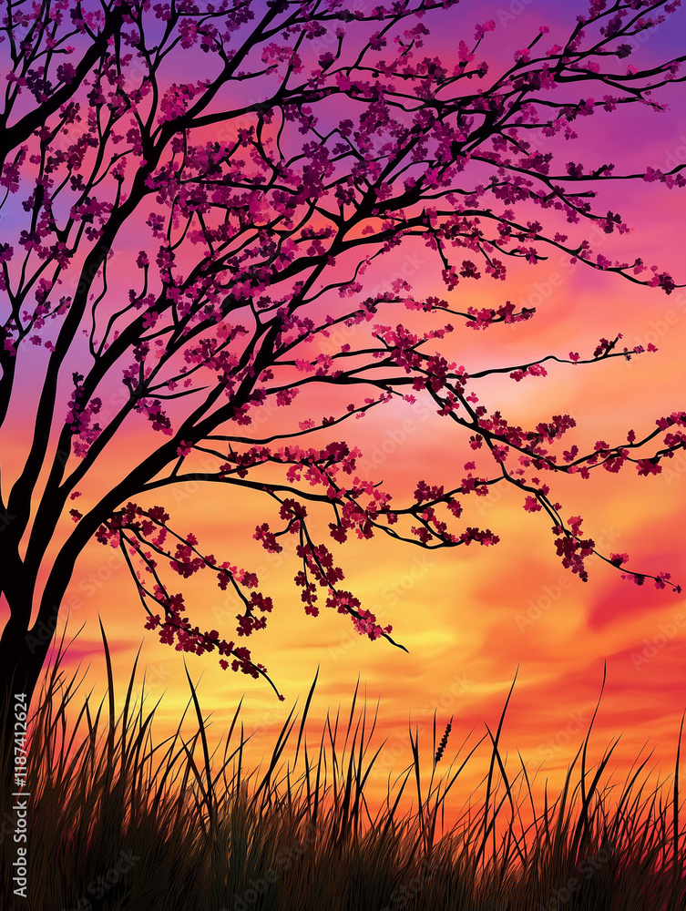 Obraz premium Blühender Kirschbaumweg mit sanfter Lichtstimmung im Frühling