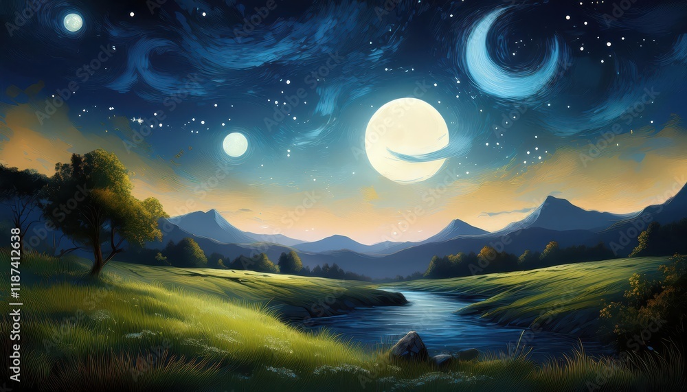 Fototapeta premium Mesmerizing Night Landscape Digital Oil Painting Showcasing a Moonlit Scene with Vibrant Stars and Glowing Landscape