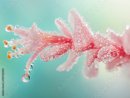 Zarte Kirschblüte mit Wassertropfen glitzert in sanftem Licht

 photo