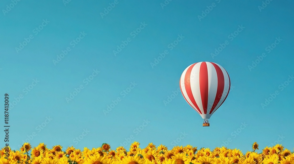 Fototapeta premium A red and white hot air balloon soaring over golden sunflower fields on a bright blue sky