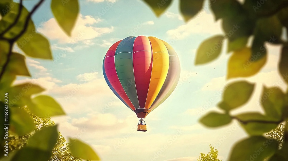 Fototapeta premium A vivid hot air balloon glides through azure skies, surrounded by verdant foliage and fluffy white clouds