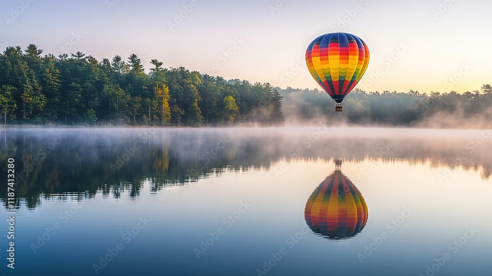 Fototapeta premium A hazy hot air balloon soars above a murky lake and misty woods