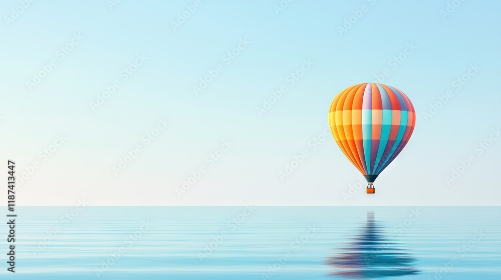   Colorful hot air balloon soaring over vast water body reflecting azure sky