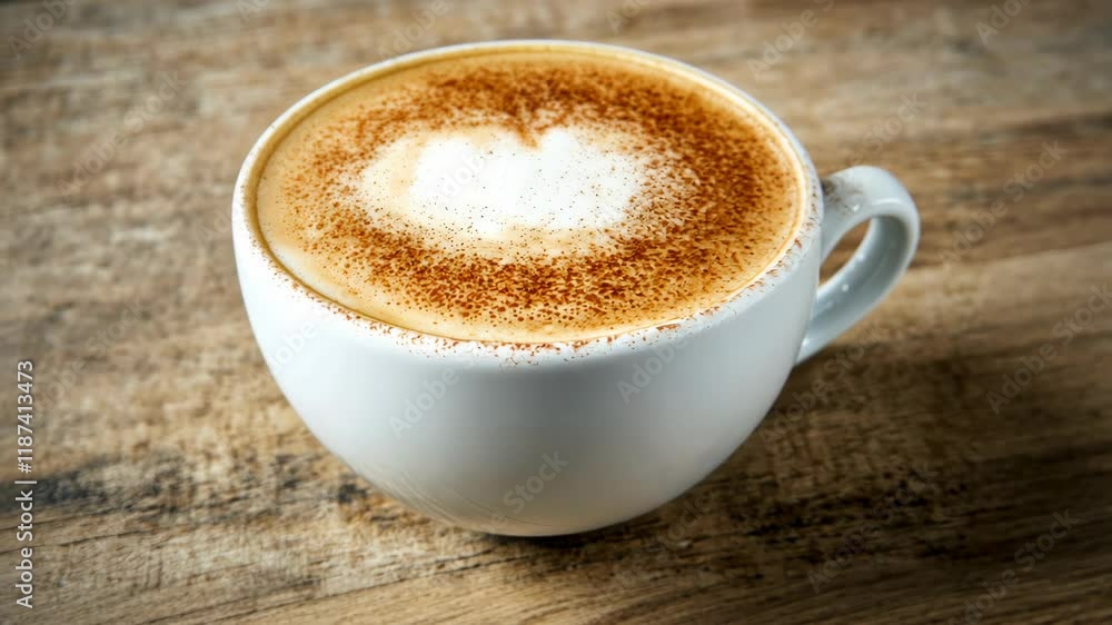 Creamy cappuccino served in a white cup on a rustic wooden table during morning hours Creamy cappuccino served in a white cup on a rustic wooden table during morning hours