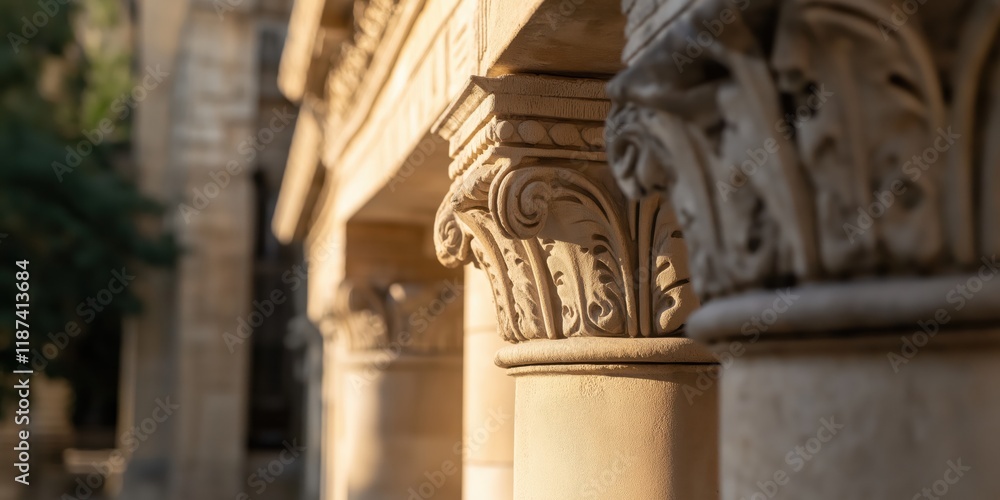 Capturing the beauty of detailed architectural columns, this image highlights their intricate engravings and the gentle play of sunlight and shadows upon them. Capturing the beauty of detailed architectural columns, this image highlights their intricate engravings and the gentle play of sunlight and shadows upon them.
