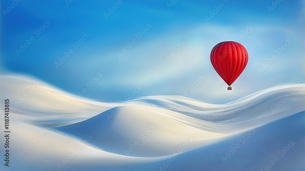 Fototapeta premium Hot air balloon → balloon.Snow-covered hill → hill.Blue sky in the background → sky.Text length: 20 tokens