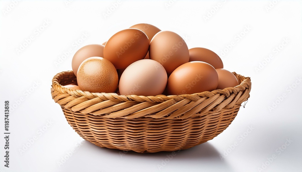 stack of clean bird egg in basket wicker bamboo isolated on white background with reproduction space suitable for editing and used for food and nutrients stack of clean bird egg in basket wicker bamboo isolated on white background with reproduction space suitable for editing and used for food and nutrients