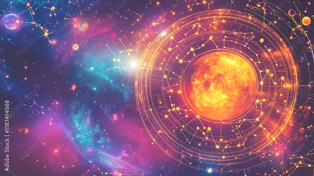 Obraz premium Radiant scene of celestial harmony emphasizing zodiac signs planetary rhythms and the interconnected energy of astrological archetypes