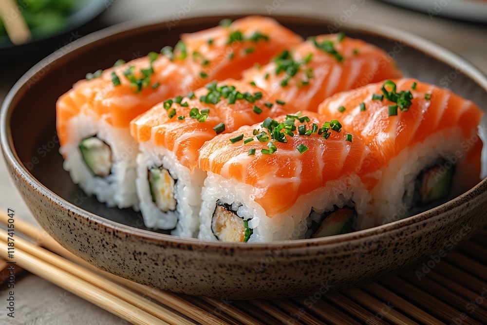 Delicious Salmon Sushi Rolls Garnishes With Chives Delicious Salmon Sushi Rolls Garnishes With Chives