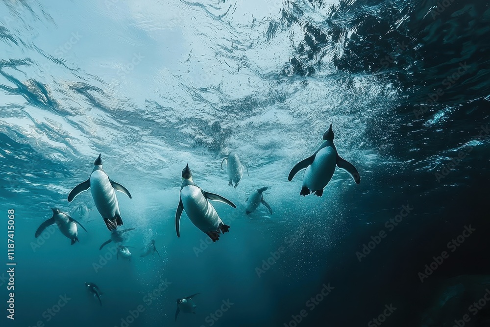Obraz premium A group of adelie penguins diving into the frigid waters of the Southern Ocean.