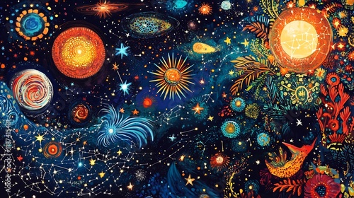 Vibrant constellations featuring detailed star patterns a dynamic cosmic backdrop showcasing the interplay of celestial energy and zodiacal influences