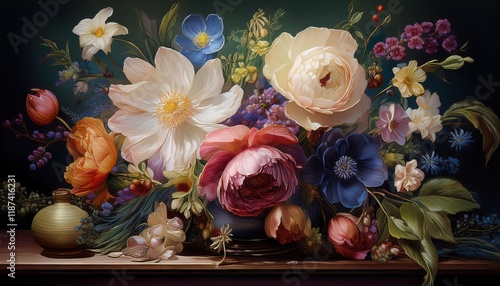 Striking Chiaroscuro Still Life Composition of Flowers Rich Jewel Tones and Painterly Texture in ClosedUp Scene photo