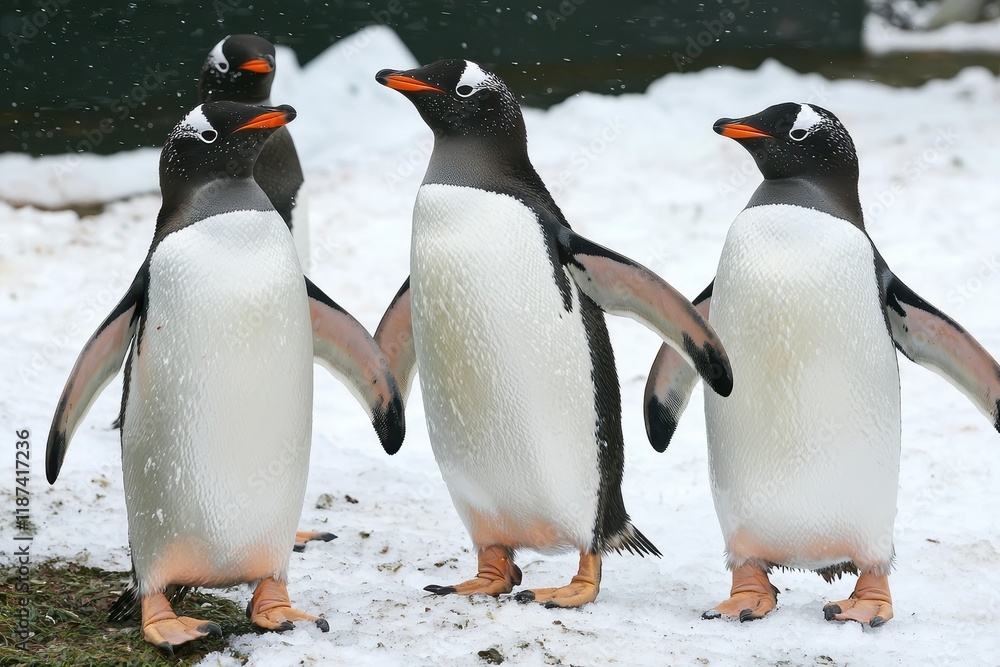 Fototapeta premium A group of adelie penguins tobogganing down an icy slope, gleefully sliding into the sea