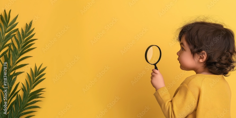 A young child holds a magnifying glass, gazing intently at a leafy plant, symbolizing curiosity and the joy of exploration in a vibrant yellow environment. A young child holds a magnifying glass, gazing intently at a leafy plant, symbolizing curiosity and the joy of exploration in a vibrant yellow environment.