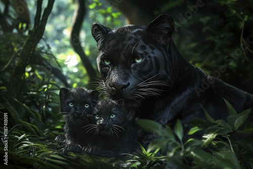 Black panther with playful cubs resting together in a vibrant jungle setting during the golden hour. Generative AI