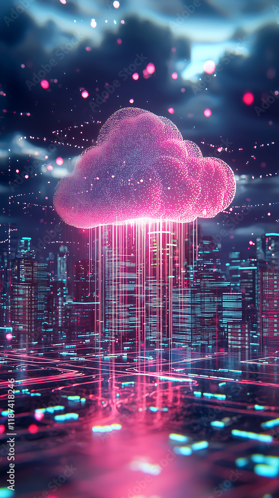 stylized cyberpunk city at night with a glowing pink cloud raining data streams onto the futuristic cityscape Digital neon lights illuminate the scene stylized cyberpunk city at night with a glowing pink cloud raining data streams onto the futuristic cityscape Digital neon lights illuminate the scene