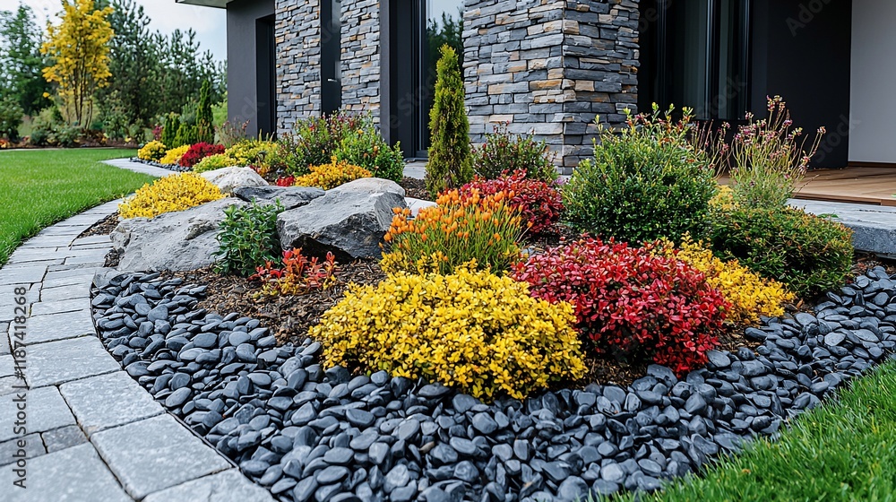 Obraz premium Modern home landscaping with colorful flowers, grey stone pathway, and rocks.