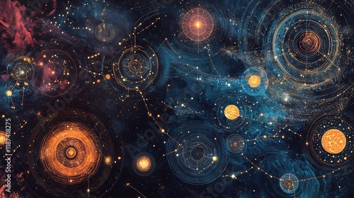 Cosmic art visualized intricate celestial patterns and mystical astrology blending metaphysical insights and glowing cosmic designs