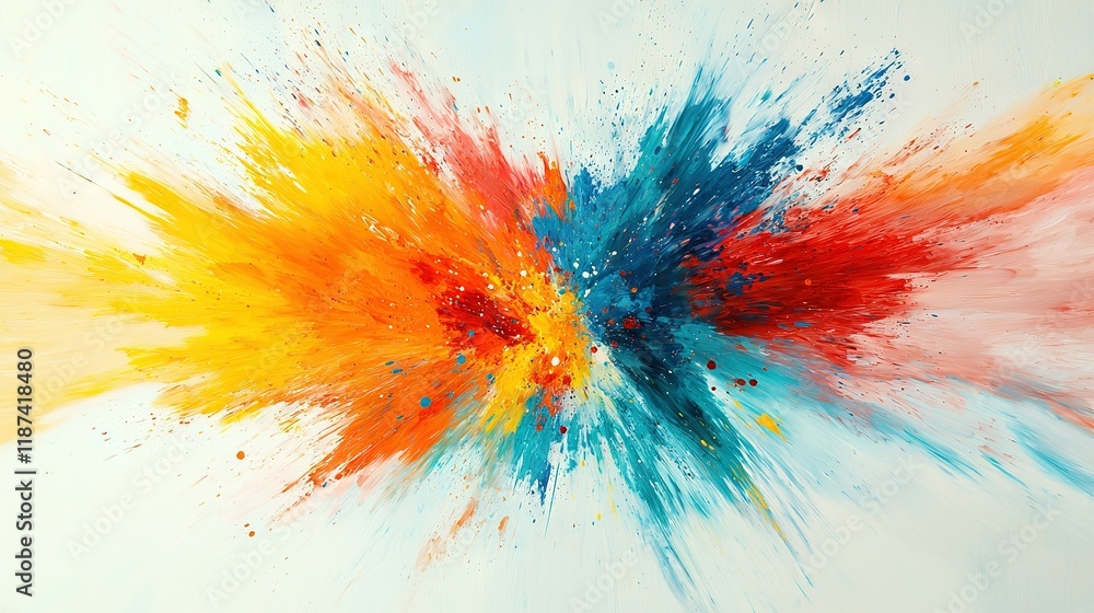 Fototapeta premium A vibrant painting featuring colorful brushstrokes on a white canvas against a blue backdrop