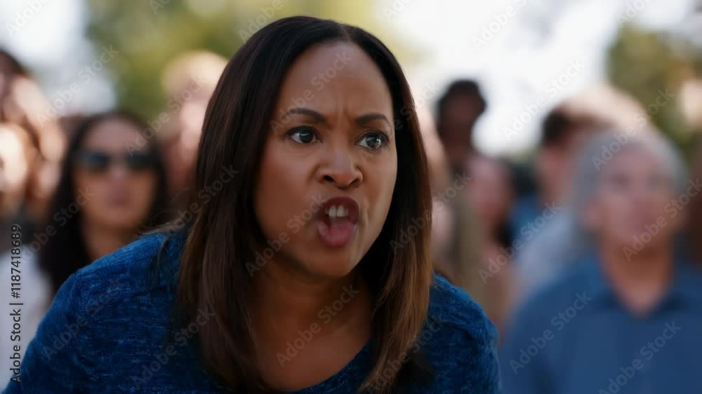 Determined african american activist intensely voicing social justice concerns during passionate public protest before engaged crowd Determined african american activist intensely voicing social justice concerns during passionate public protest before engaged crowd