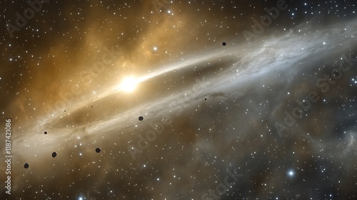 Asteroid belt surrounding distant star illuminated by nearby cosmic dust photo