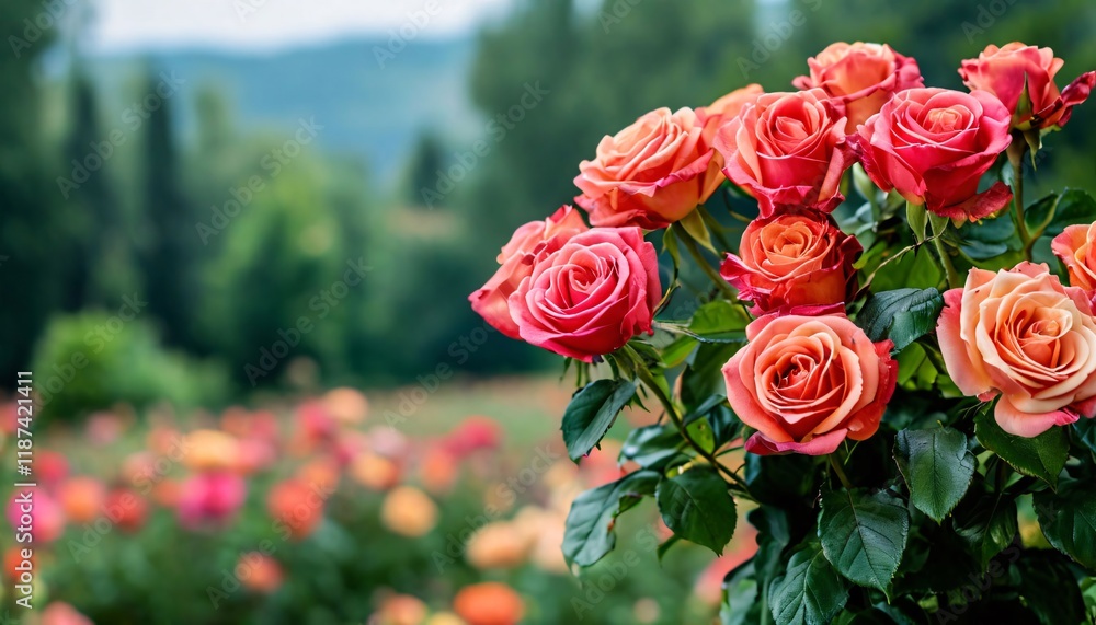 Fototapeta premium Bouquet of roses on the background of nature. Valentine's Day.