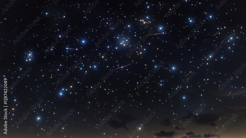 Fototapeta premium Meteor showers streaking across dark starlit sky framed faint zodiac constellations