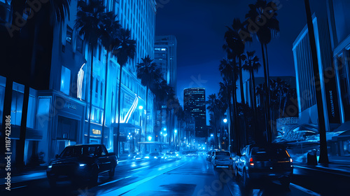 Dramatic beverly wilshire hotel night shot with sleek modern architecture and vibrant city lights in cool blue tones and sharp focus. Willowshade. Illustration photo