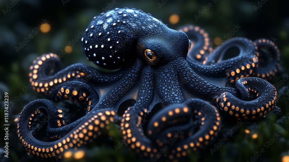Obraz premium Bioluminescent octopus in aquatic habitat, mesmerizing glow. Deep sea wildlife and natural wonder concept