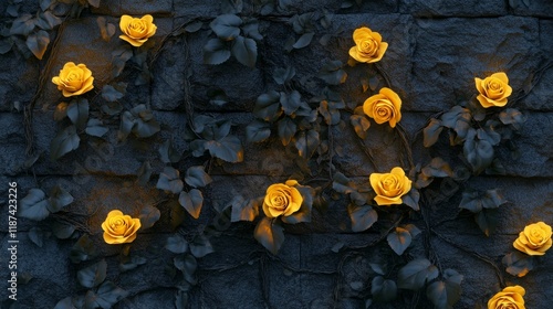 Fototapeta Naklejka Na Ścianę i Meble -  Yellow roses on dark stone wall at night, artistic floral display. nature and beauty concept