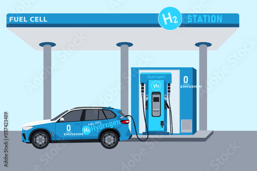 Fuel cell vehicle at Hydrogen station, Hydrogen car Refuelling H2 at station, hydrogen vehicle concept