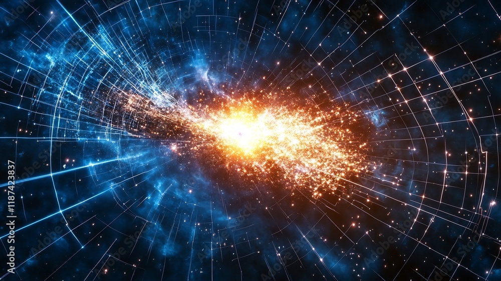 Big Bang represented a glowing explosion of matter and energy in a spacetime grid Big Bang represented a glowing explosion of matter and energy in a spacetime grid