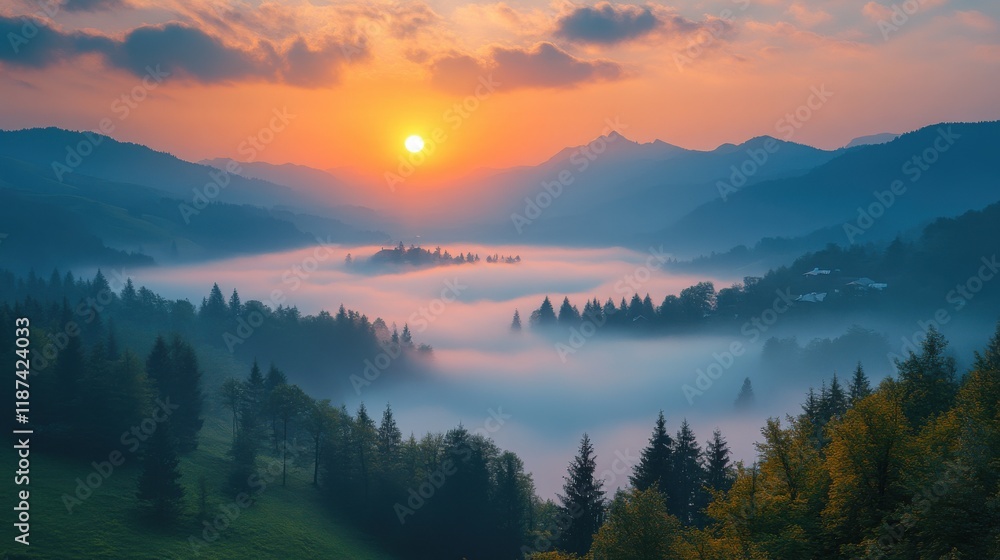 Fototapeta premium beautiful sunrise over mountain village with fog spring landscape