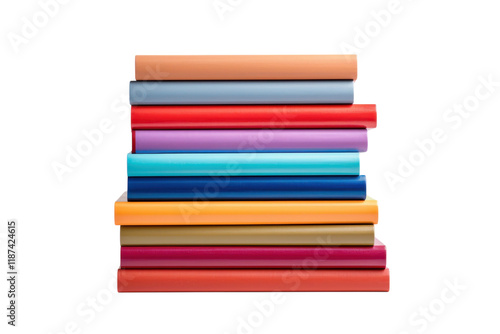 Colorful stacked books arranged neatly on a white surface creating a vibrant display of literature