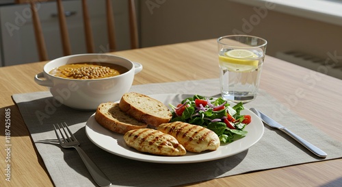 A serene setting showcasing a balanced meal with a focus on mindful eating, featuring nutritious foods that promote a healthy diet and lifestyle.