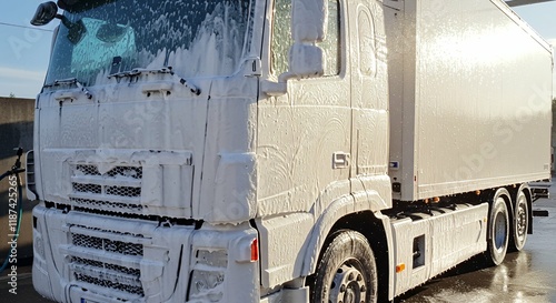 A truck covered in soap suds being washed, reflecting sunlight, symbolizing cleanliness and care.