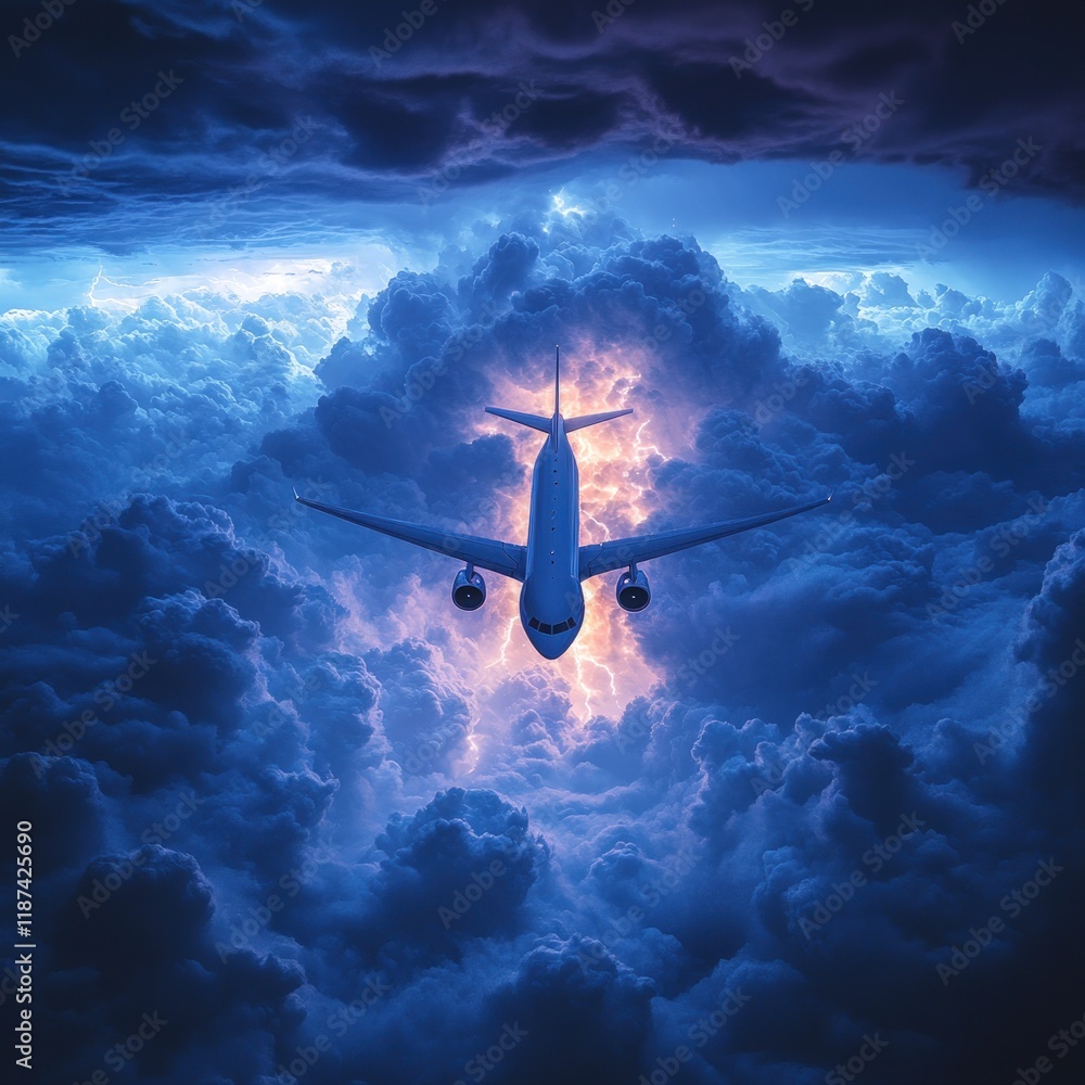 Fototapeta premium Airplane flying through stormy clouds, lightning.