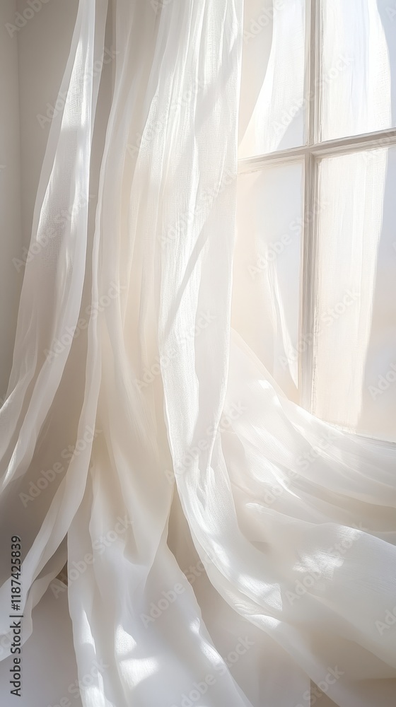 Sunlit sheer curtains flowing in gentle breeze by window Sunlit sheer curtains flowing in gentle breeze by window