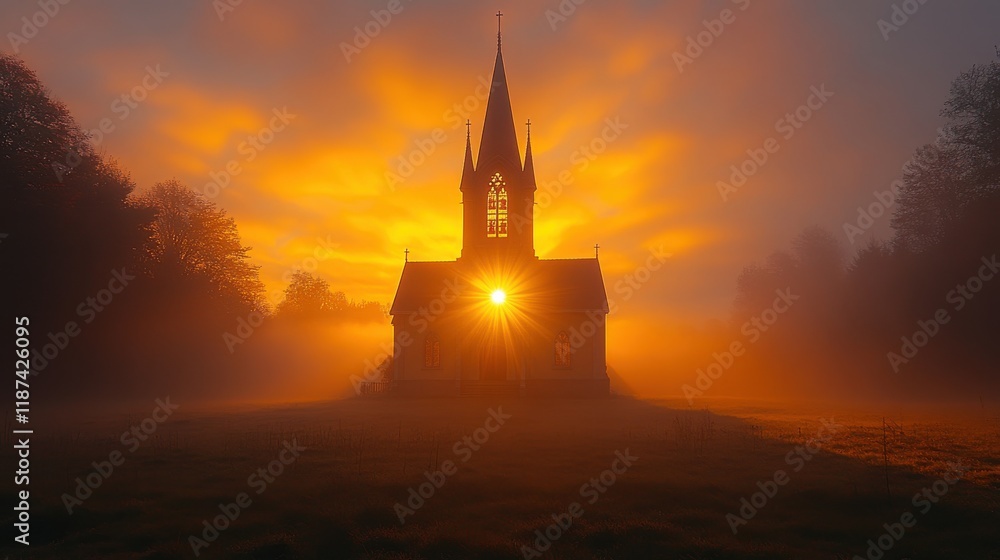 Obraz premium chassepierre brouillard lumiere soleil brume semois belgique wallonie eglise