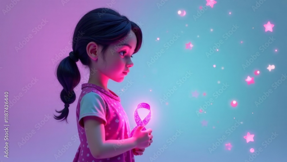 World cancer day February 4 background with A girl is holding a pink ribbon in her hand. The girl is looking up at the camera. The background is blue World cancer day February 4 background with A girl is holding a pink ribbon in her hand. The girl is looking up at the camera. The background is blue