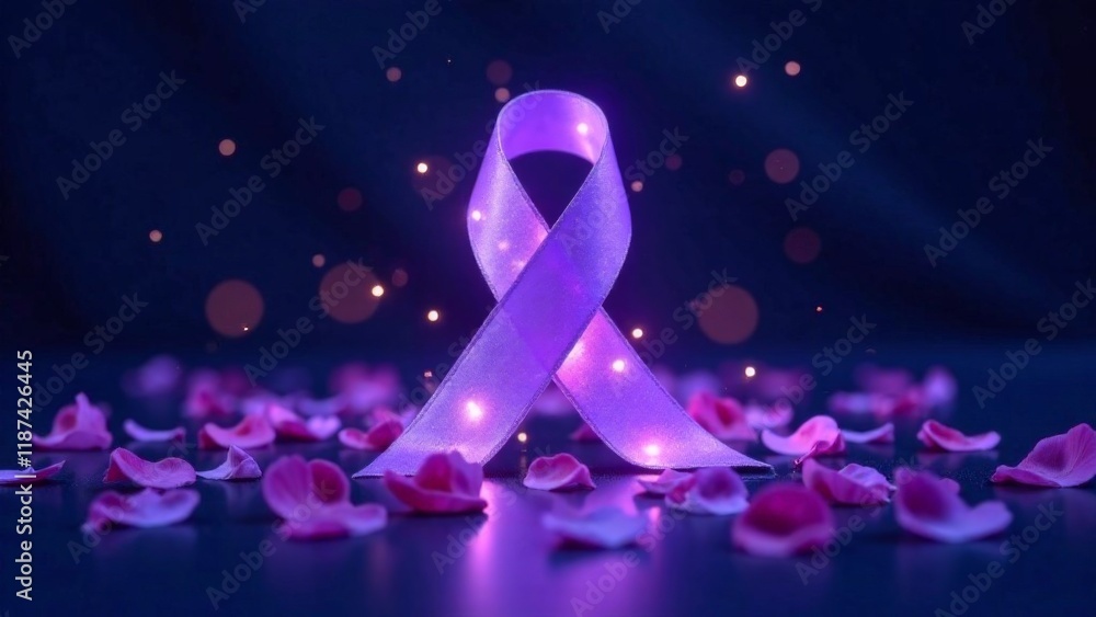 World cancer day February 4 background with A purple ribbon with a glowing light shining on it. The ribbon is purple and the light is creating a beautiful, ethereal effect. The ribbon is laid out on a World cancer day February 4 background with A purple ribbon with a glowing light shining on it. The ribbon is purple and the light is creating a beautiful, ethereal effect. The ribbon is laid out on a