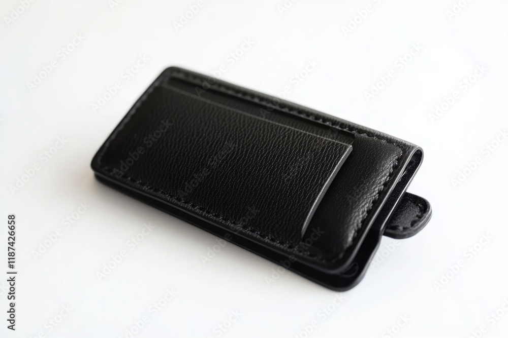 A single black leather wallet lying on a white surface A single black leather wallet lying on a white surface
